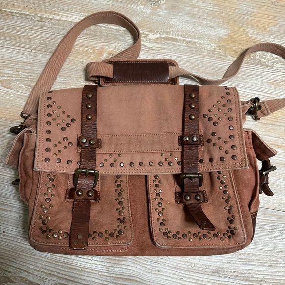 Free People Studded Distressed Canvas Leather Messenger Bag - Picture 2 of 14